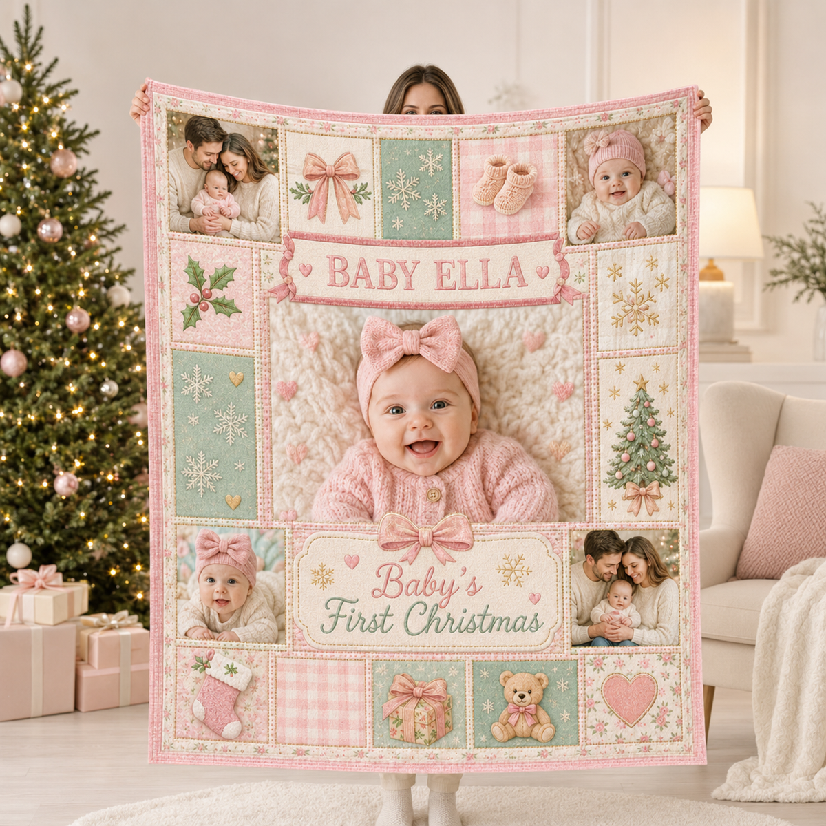 family photo blanket gift displayed with christmas tree in background