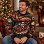 man wearing a back to the christmas ugly christmas sweater in a