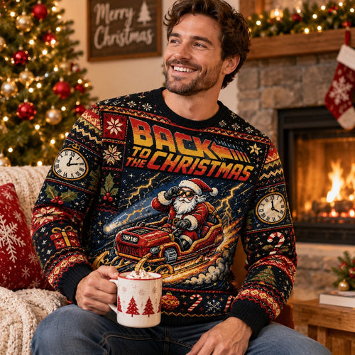 man in a back to the christmas holiday sweater holding a christmas