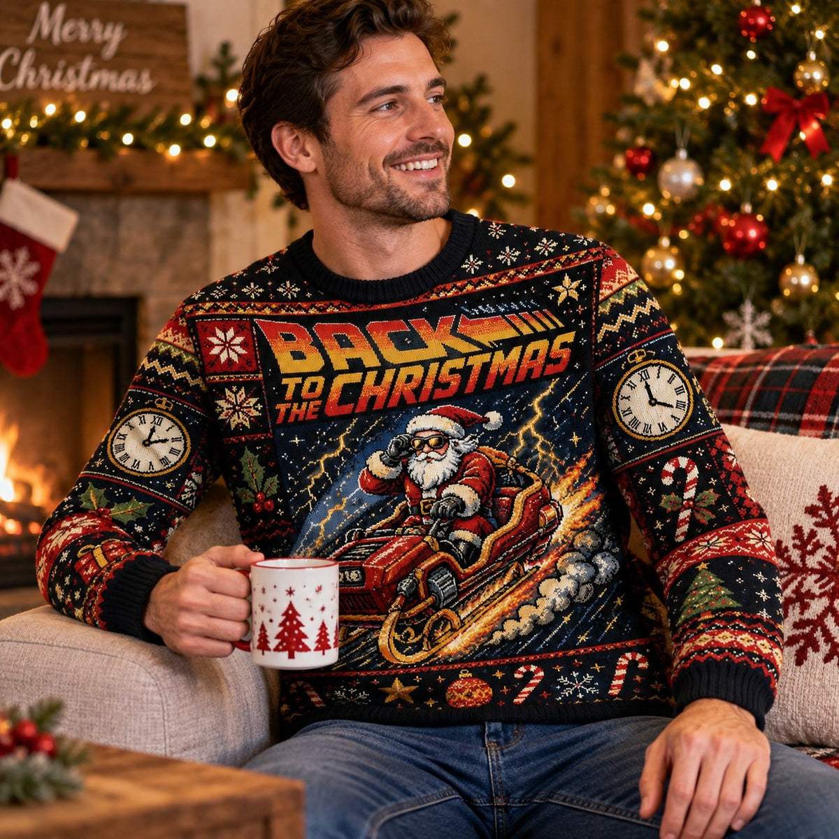 man in a back to the christmas ugly christmas sweater holding a