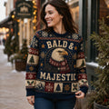woman smiling outdoors wearing the bald and majestic ugly christmas sweater