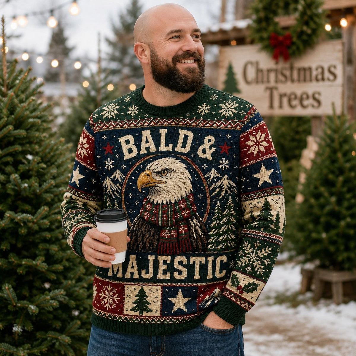 bald man wearing a Bald and Majestic bald eagle ugly christmas sweater