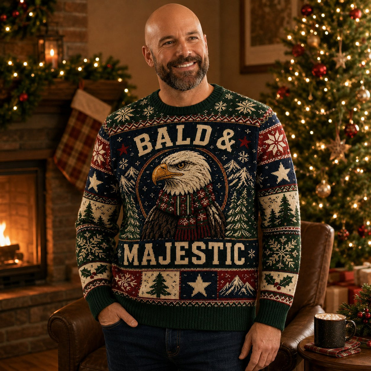 bald man seated by a fireplace wearing a Bald and Majestic eagle
