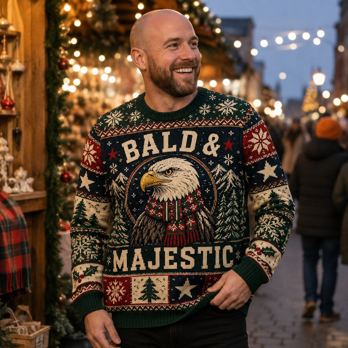 bald man smiling in a christmas market wearing a Bald and Majestic