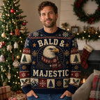 man standing beside a decorated christmas tree modeling the bald and majestic