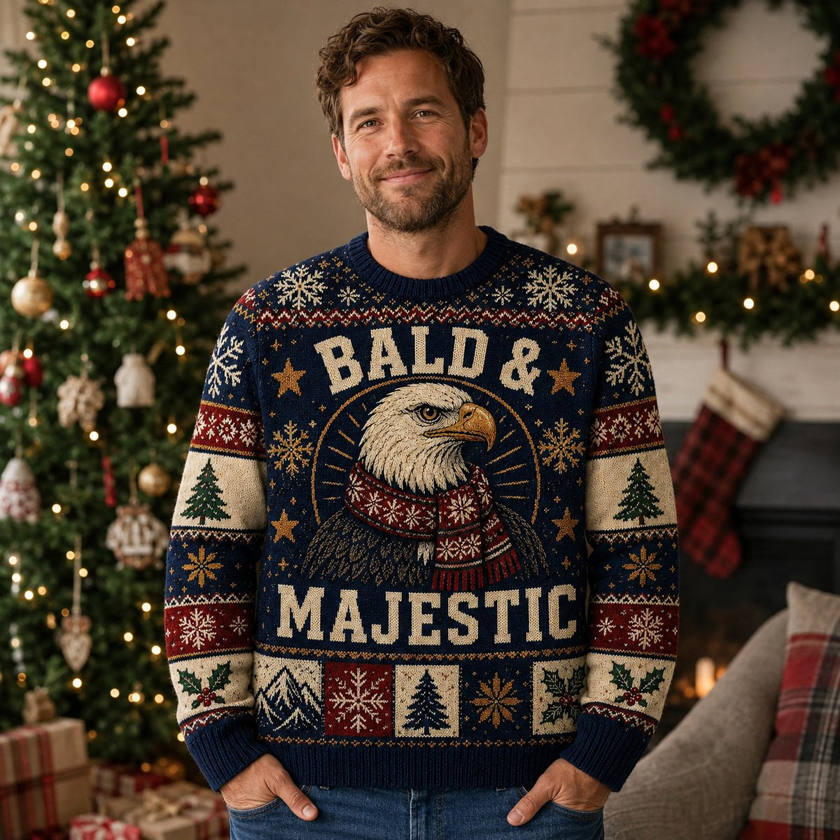man standing beside a decorated christmas tree modeling the bald and majestic