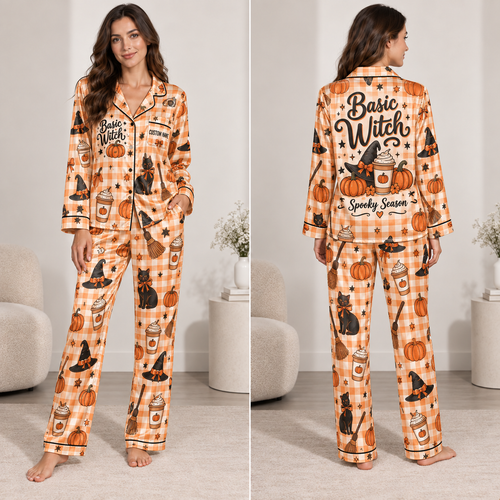 halloween satin pajama set with basic witch spooky season all-over plaid pumpkin