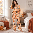 back view of the halloween satin pajama set showing spooky season print
