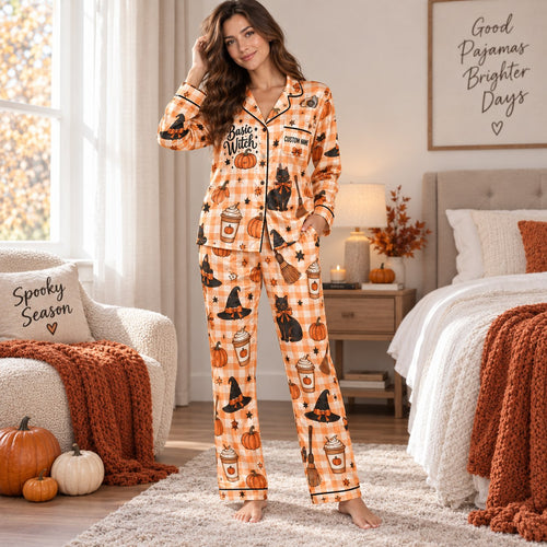 back view of the halloween satin pajama set showing spooky season print