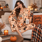 front view of the plaid halloween pajama set