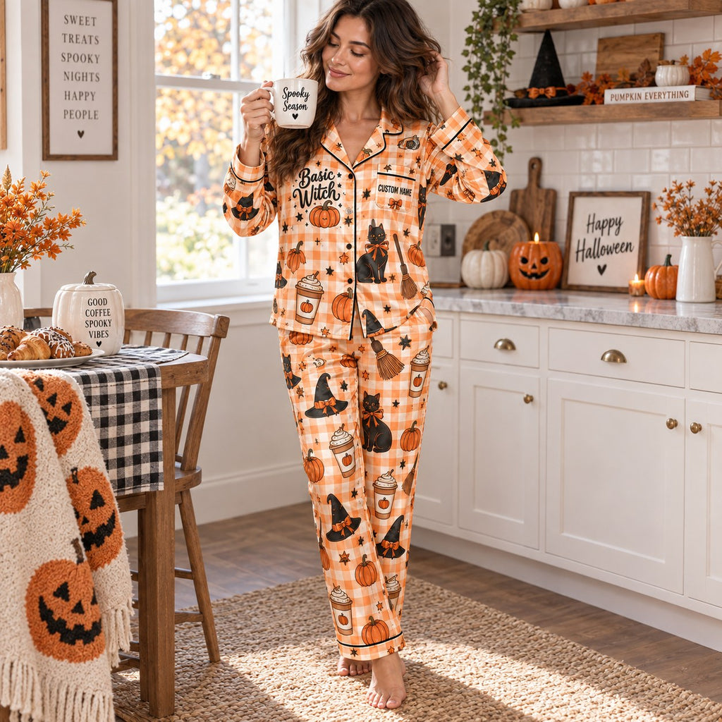 model seated wearing the basic witch spooky season satin pajama set