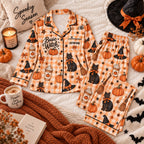 orange gingham cat satin pajamas flat lay with a custom name on the chest