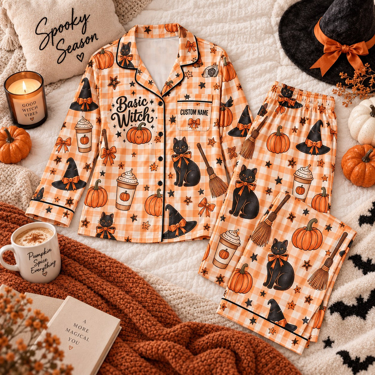 orange gingham cat satin pajamas flat lay with a custom name on the chest
