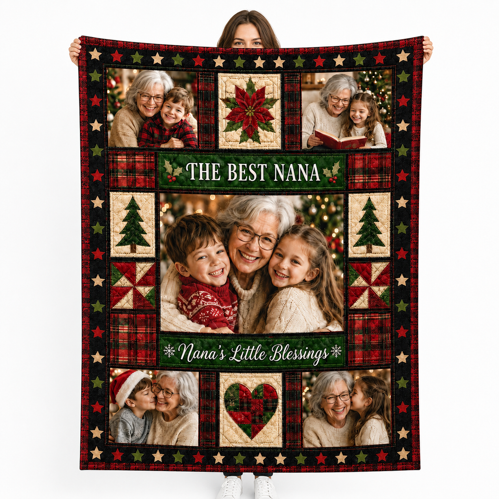 the best nana photo blanket with family photos held up