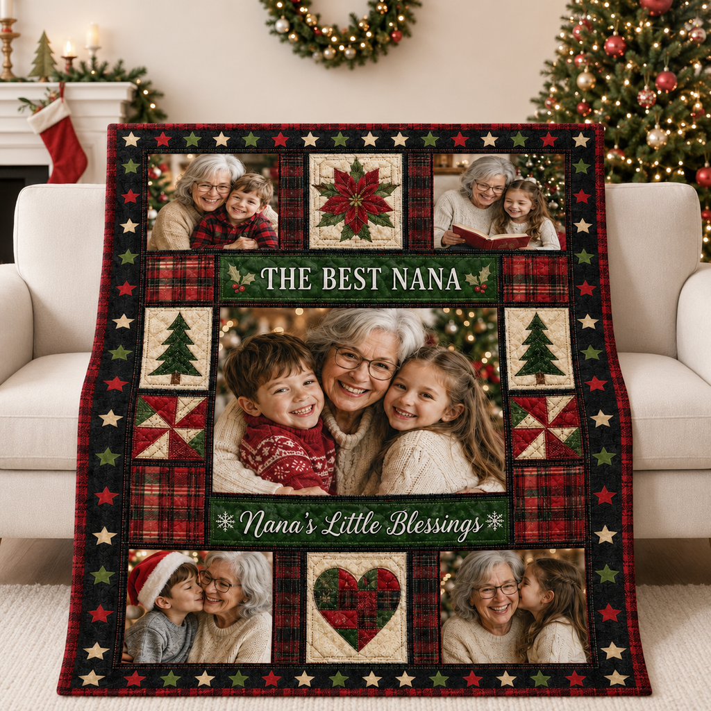 the best nana photo blanket draped over a couch in festive living
