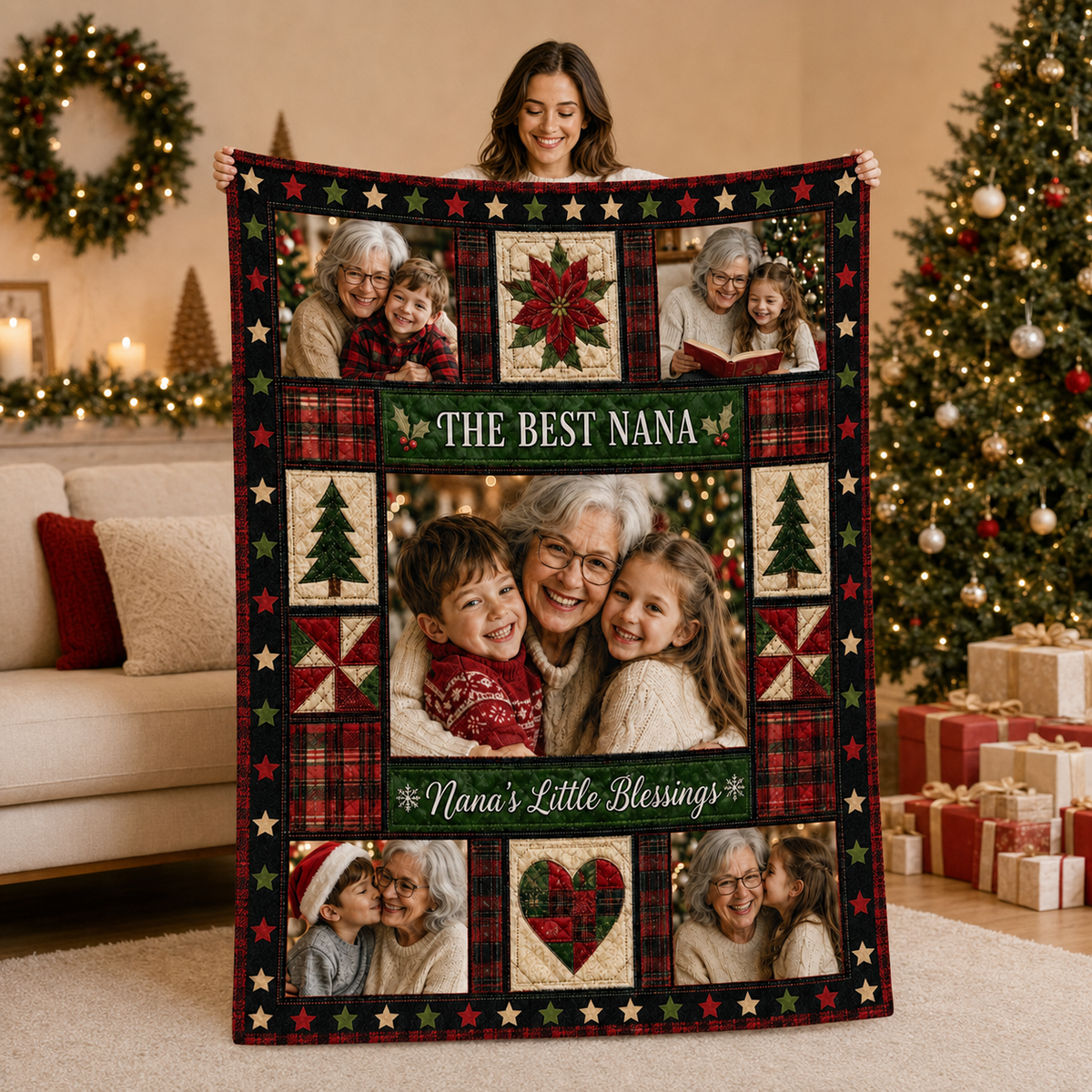 the best nana photo blanket held up by smiling woman in decorated