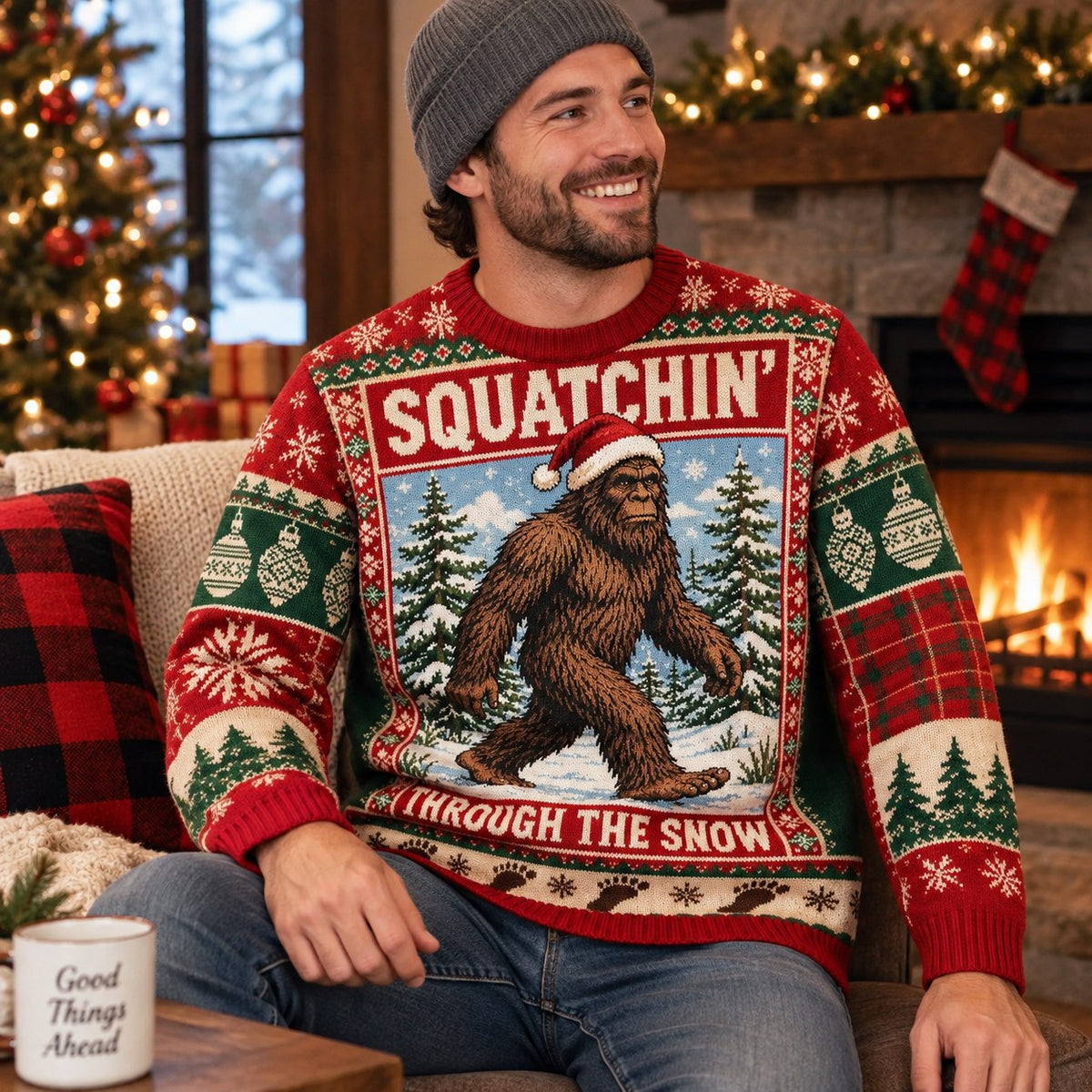 bigfoot sasquatch holiday sweater in front of a decorated christmas tree
