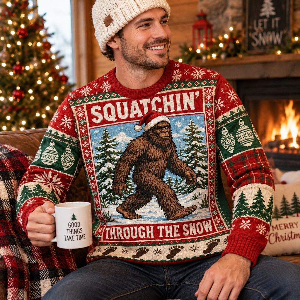 close up of squatchin through the snow sasquatch sweater by the fireplace