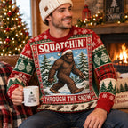 close up of squatchin through the snow sasquatch sweater by the fireplace