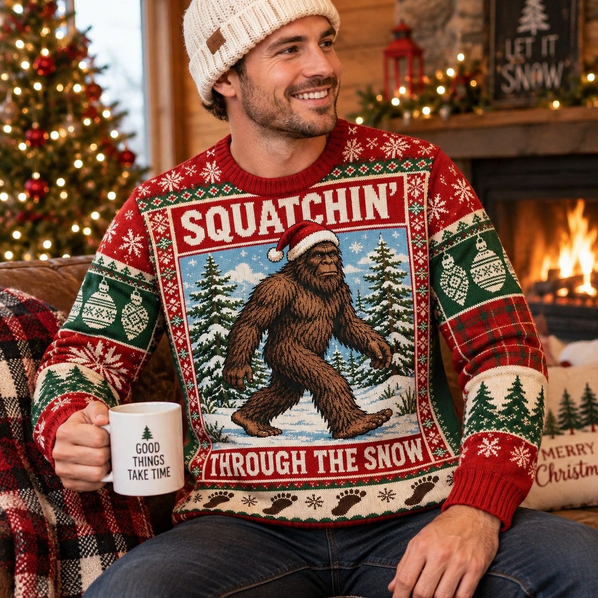 close up of squatchin through the snow sasquatch sweater by the fireplace