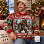 bigfoot ugly christmas sweater worn by a smiling man in a cozy
