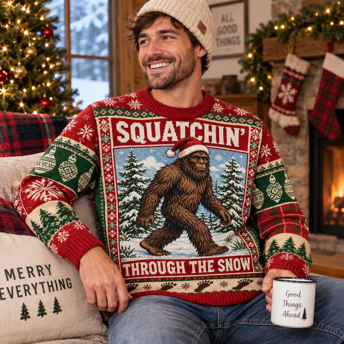 bigfoot ugly christmas sweater worn by a smiling man in a cozy