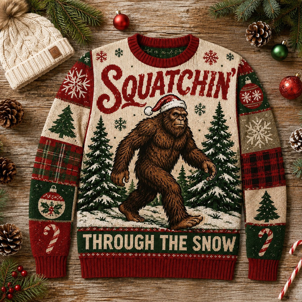 ugly christmas sweater with bigfoot squatchin through the snow text