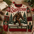 ugly christmas sweater with bigfoot squatchin through the snow text