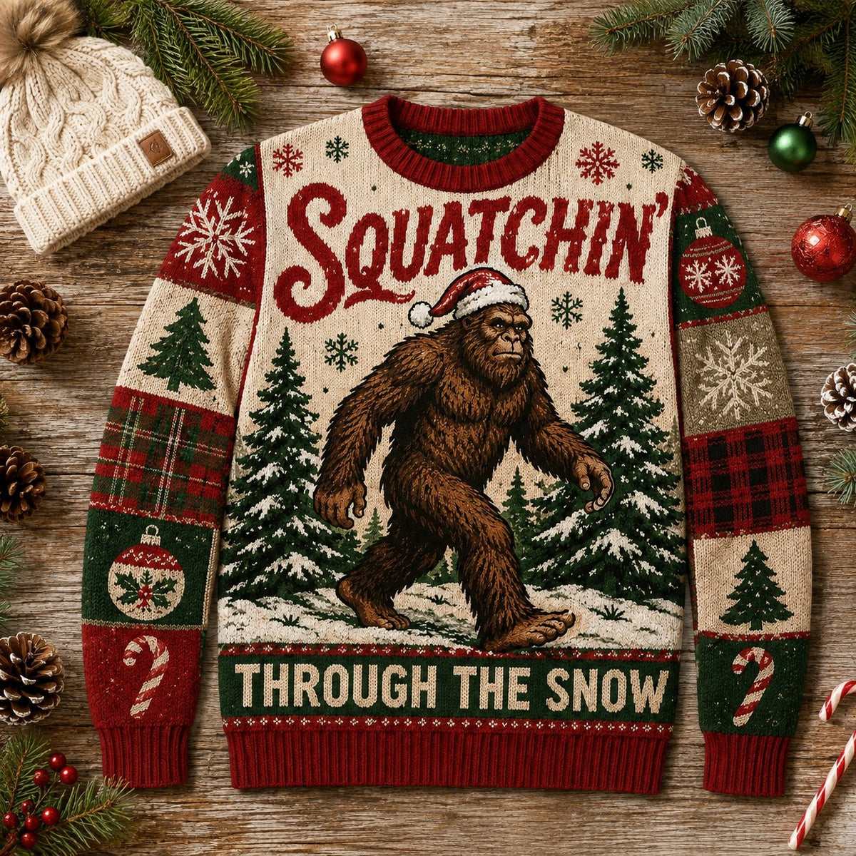 ugly christmas sweater with bigfoot squatchin through the snow text