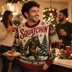 man wearing a bigfoot ugly christmas sweater at a holiday party