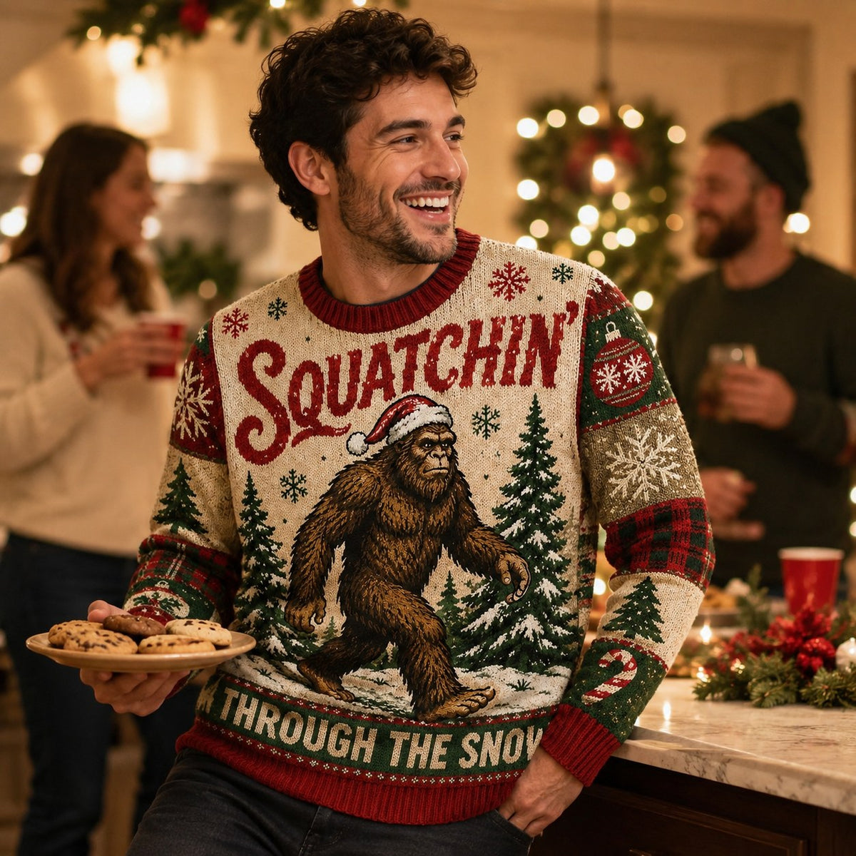 man wearing a bigfoot ugly christmas sweater at a holiday party