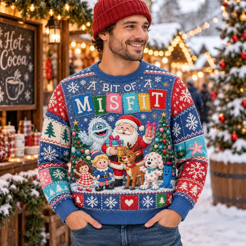 man wearing a multicolour all over print ugly christmas sweater with santa