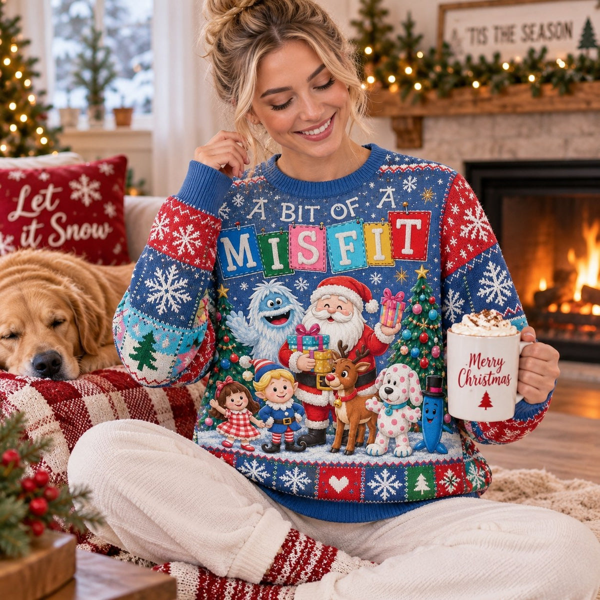 woman holding a mug in a multicolour ugly christmas sweater with the