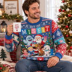 man seated with hot cocoa in an all over print christmas sweater