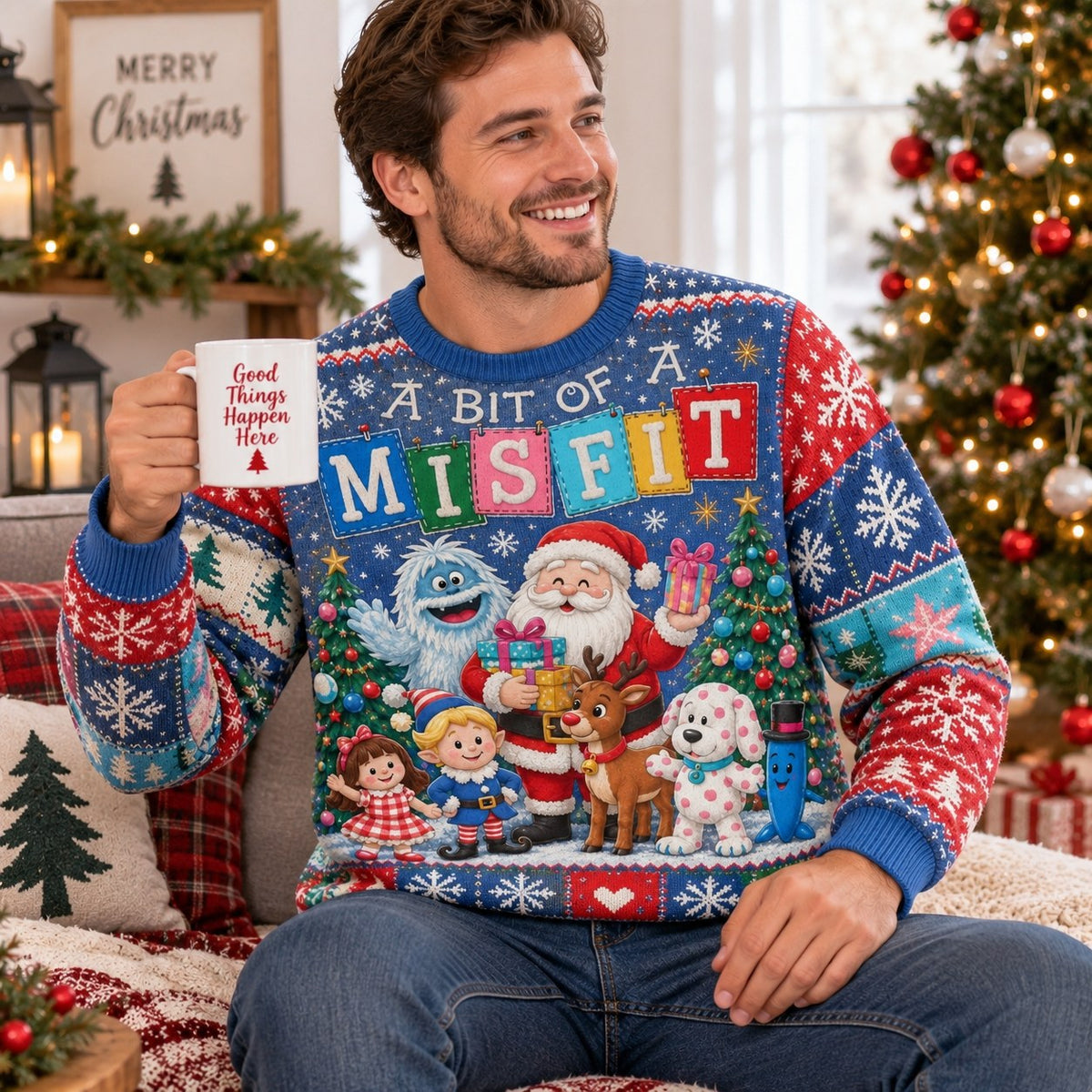 man seated with hot cocoa in an all over print christmas sweater