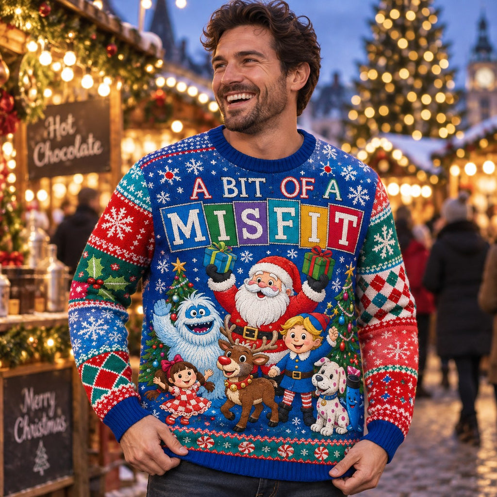 man wearing a funny holiday ugly christmas sweater at an outdoor christmas