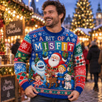 man wearing a funny holiday ugly christmas sweater at an outdoor christmas