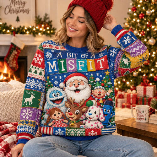 woman in jeans and a red beanie wearing a funny a bit