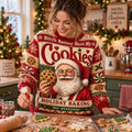 woman wearing a red "Bitch Better Have My Cookies" ugly christmas sweater