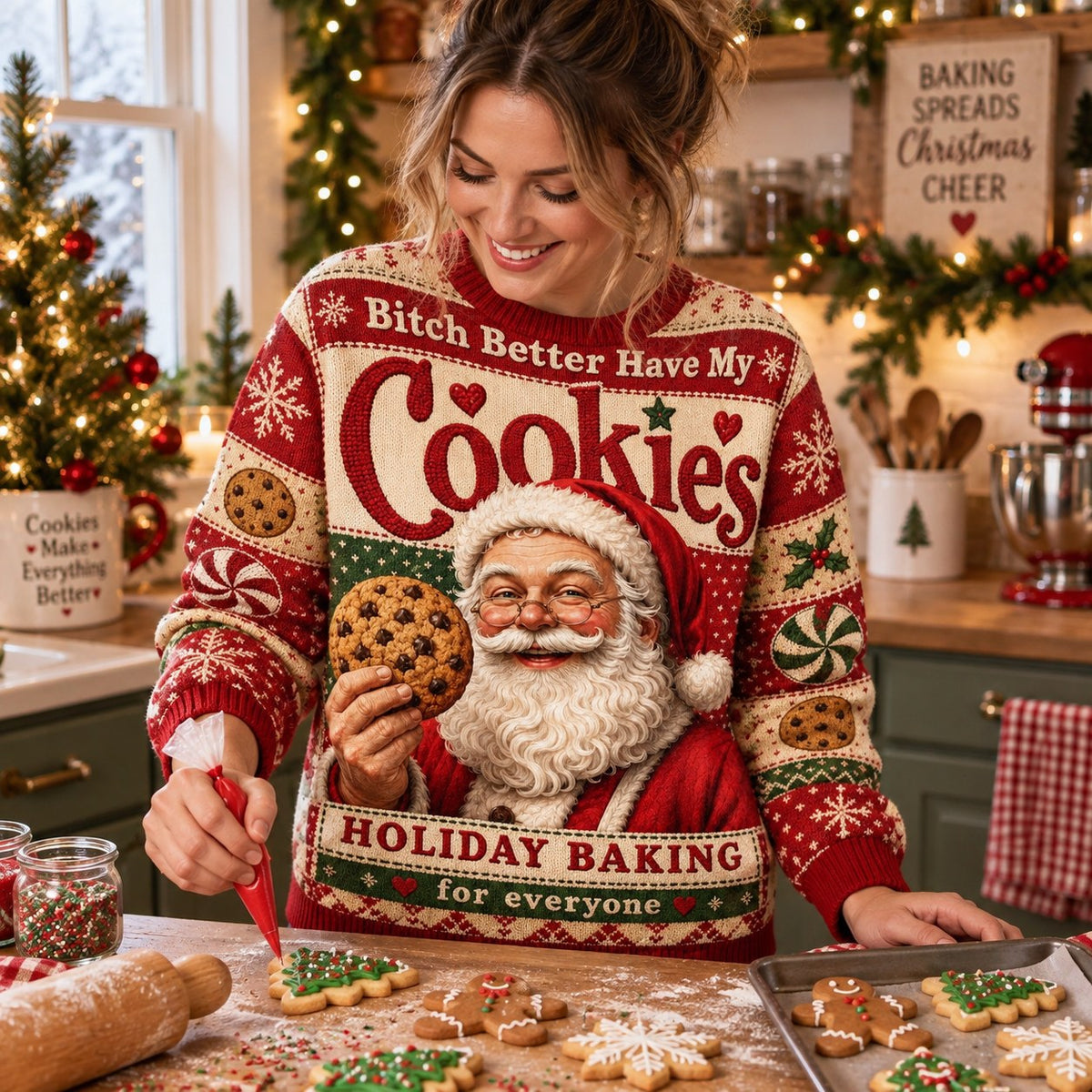 woman wearing a red "Bitch Better Have My Cookies" ugly christmas sweater