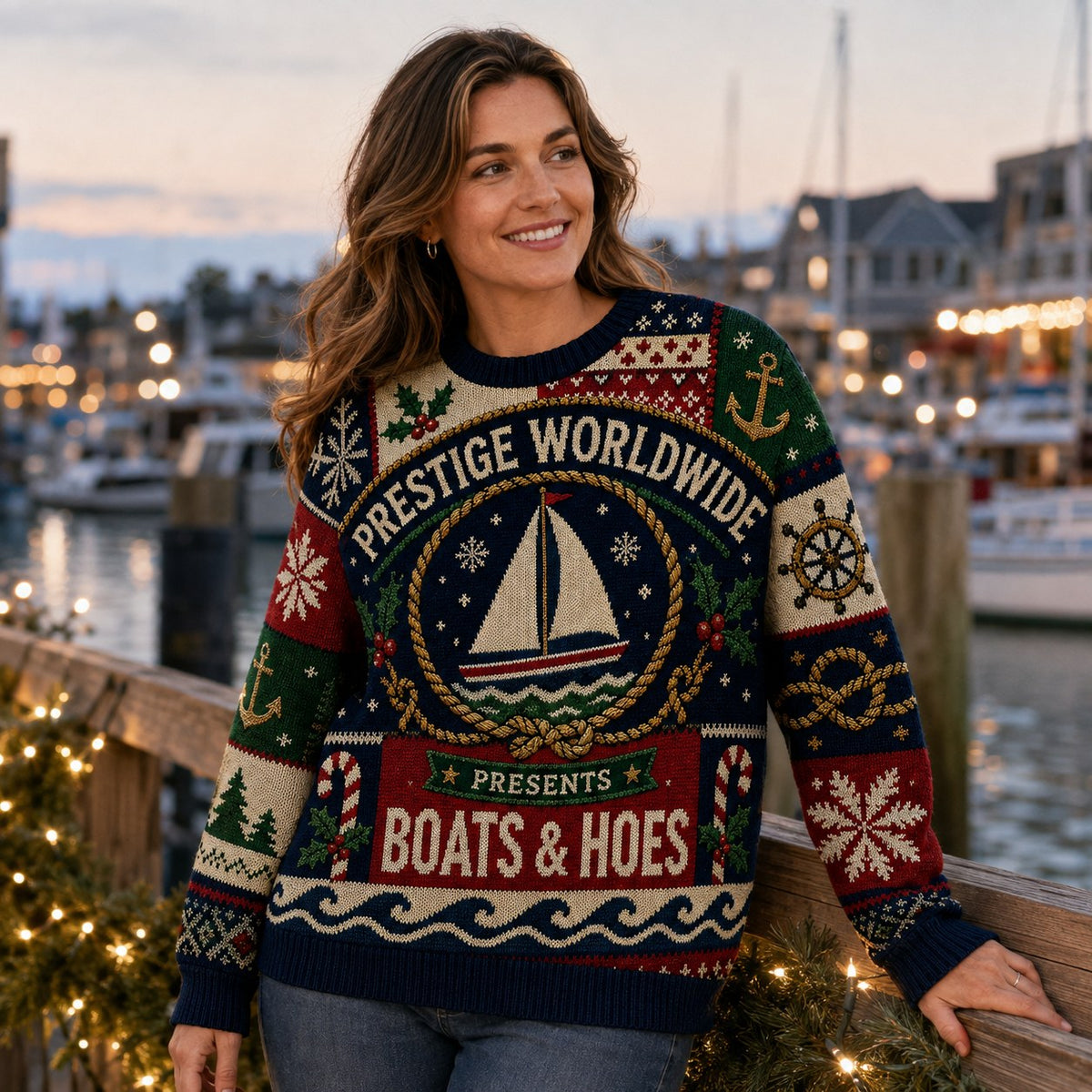 woman wearing a nautical sailboat ugly christmas sweater at a harbour at