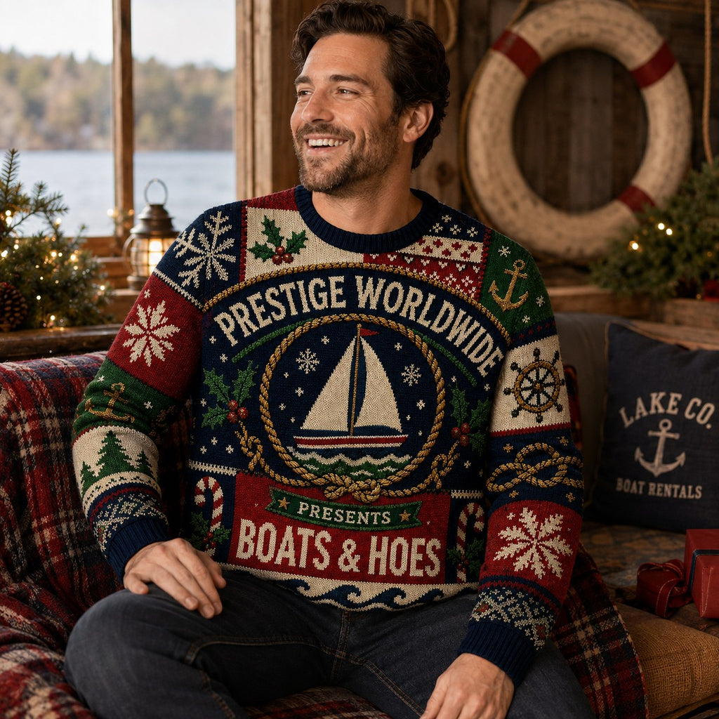 seated man in a Boats & Hoes sailboat ugly christmas sweater in