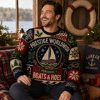 seated man in a Boats & Hoes sailboat ugly christmas sweater in