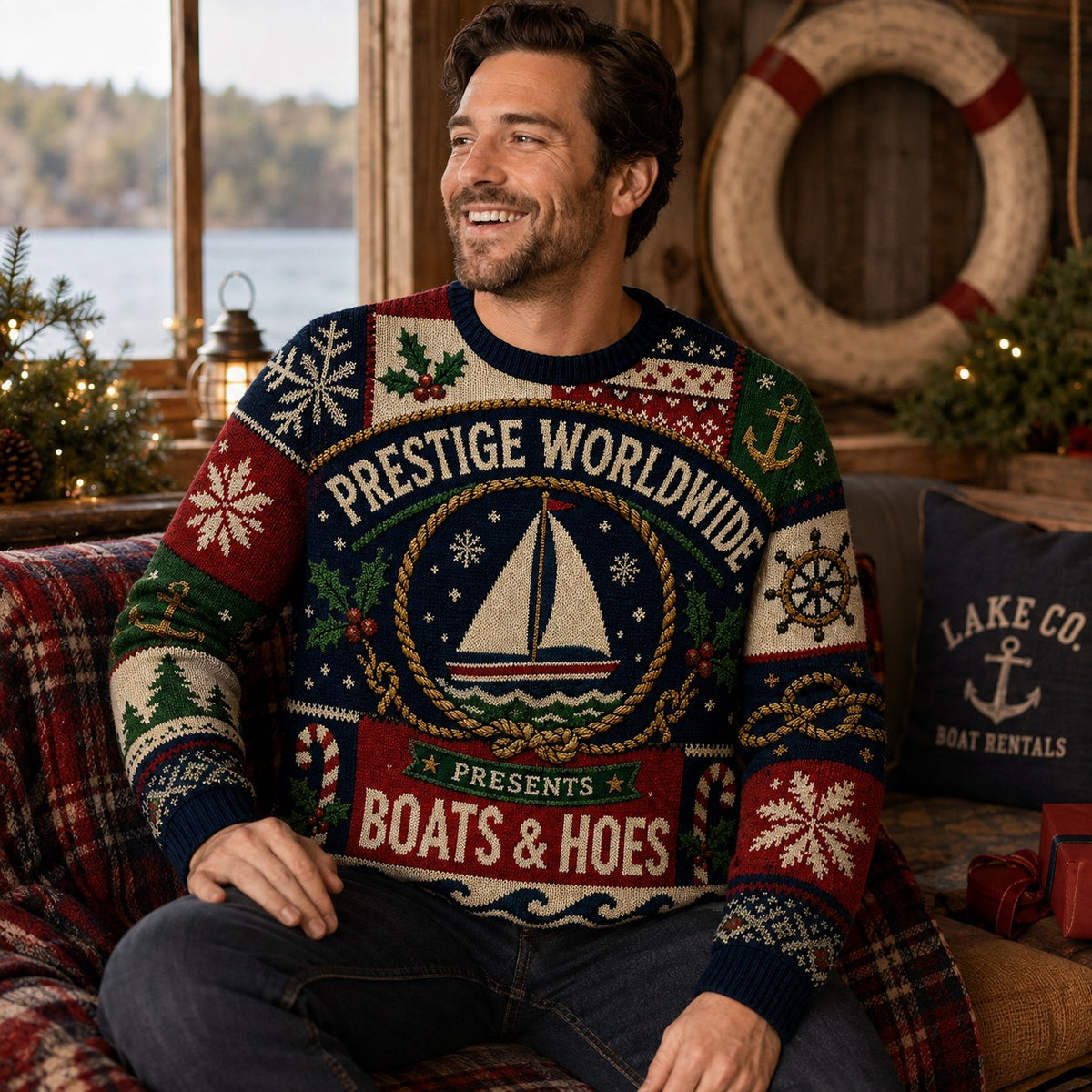 seated man in a Boats & Hoes sailboat ugly christmas sweater in