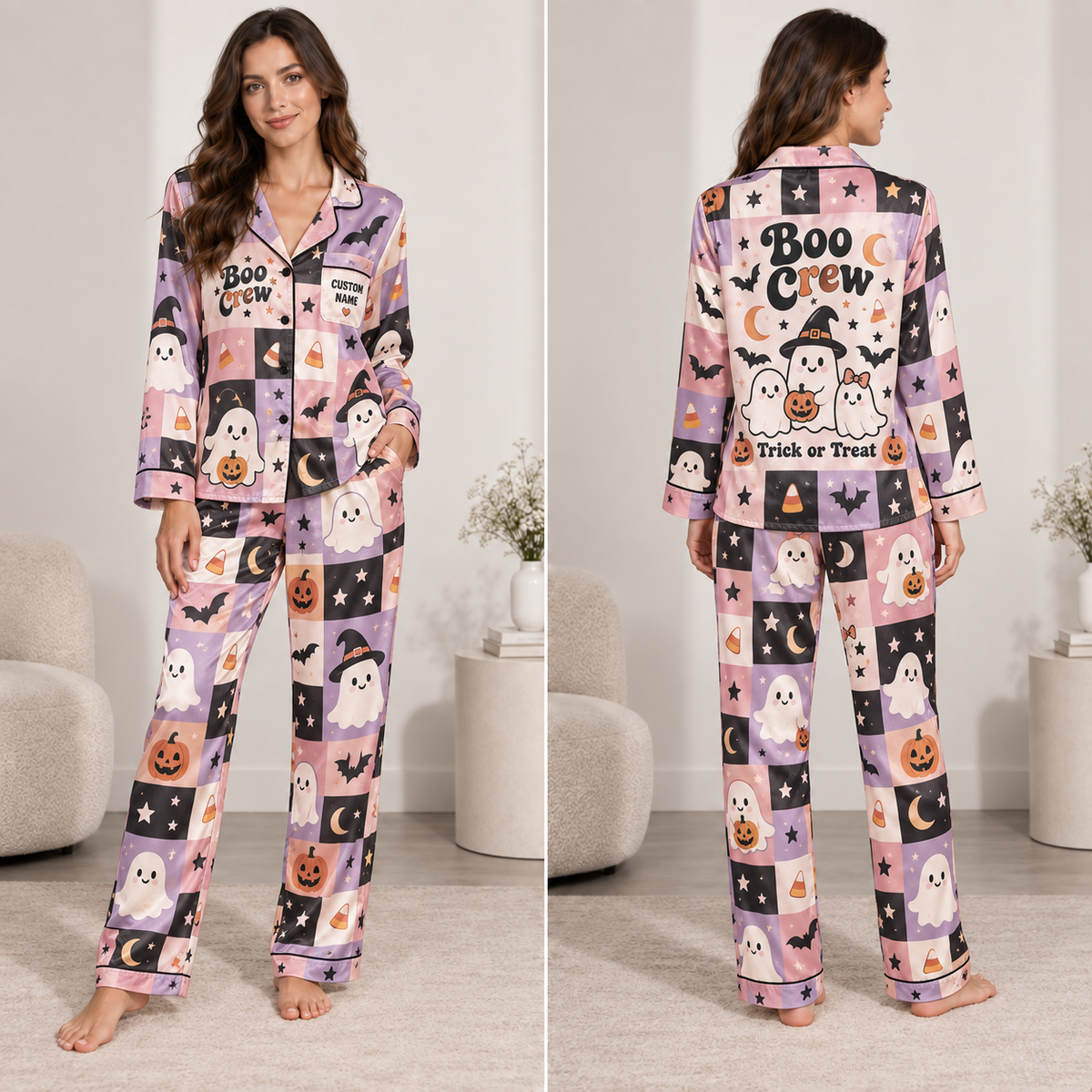 halloween satin pajama set with ghost and pumpkin all over print
