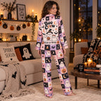 model sitting on bed wearing purple halloween pajamas with spooky season decor