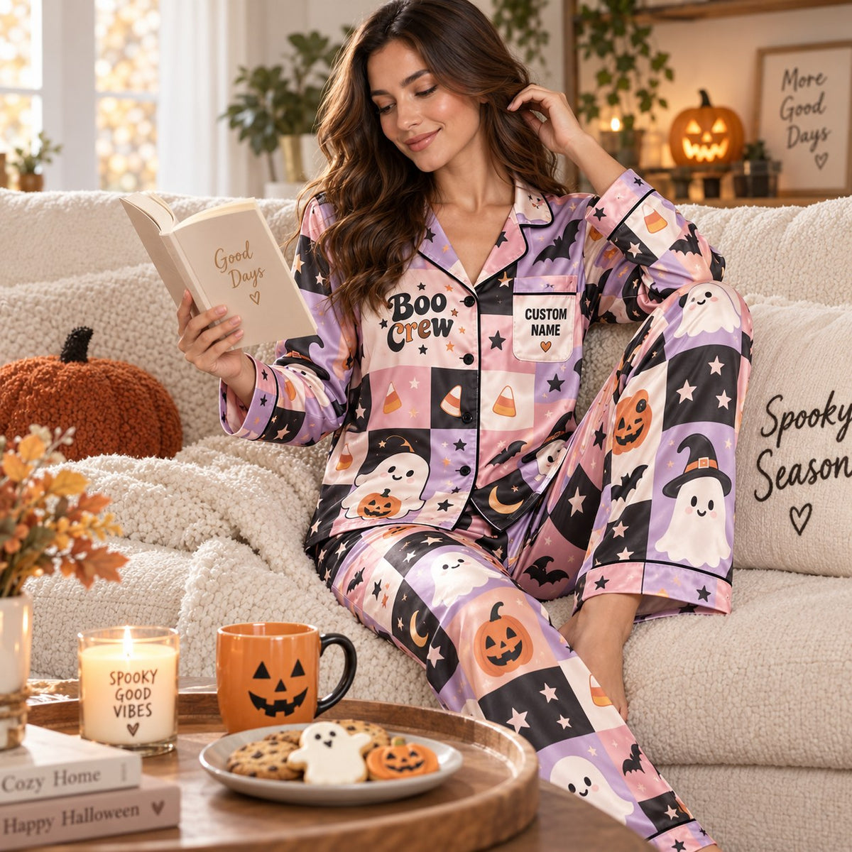 model reading on couch in matching halloween satin pajama set