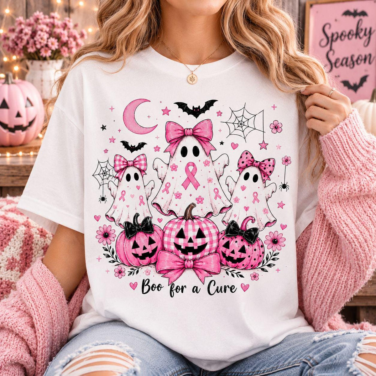 woman wearing a pink and black boo for a cure breast cancer