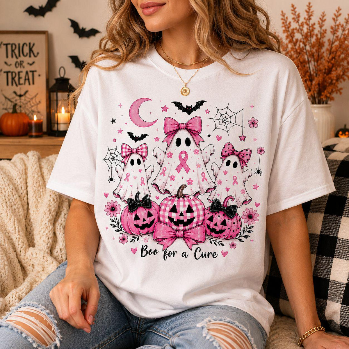 halloween pink ribbon breast cancer survivor shirt with bats spider webs and