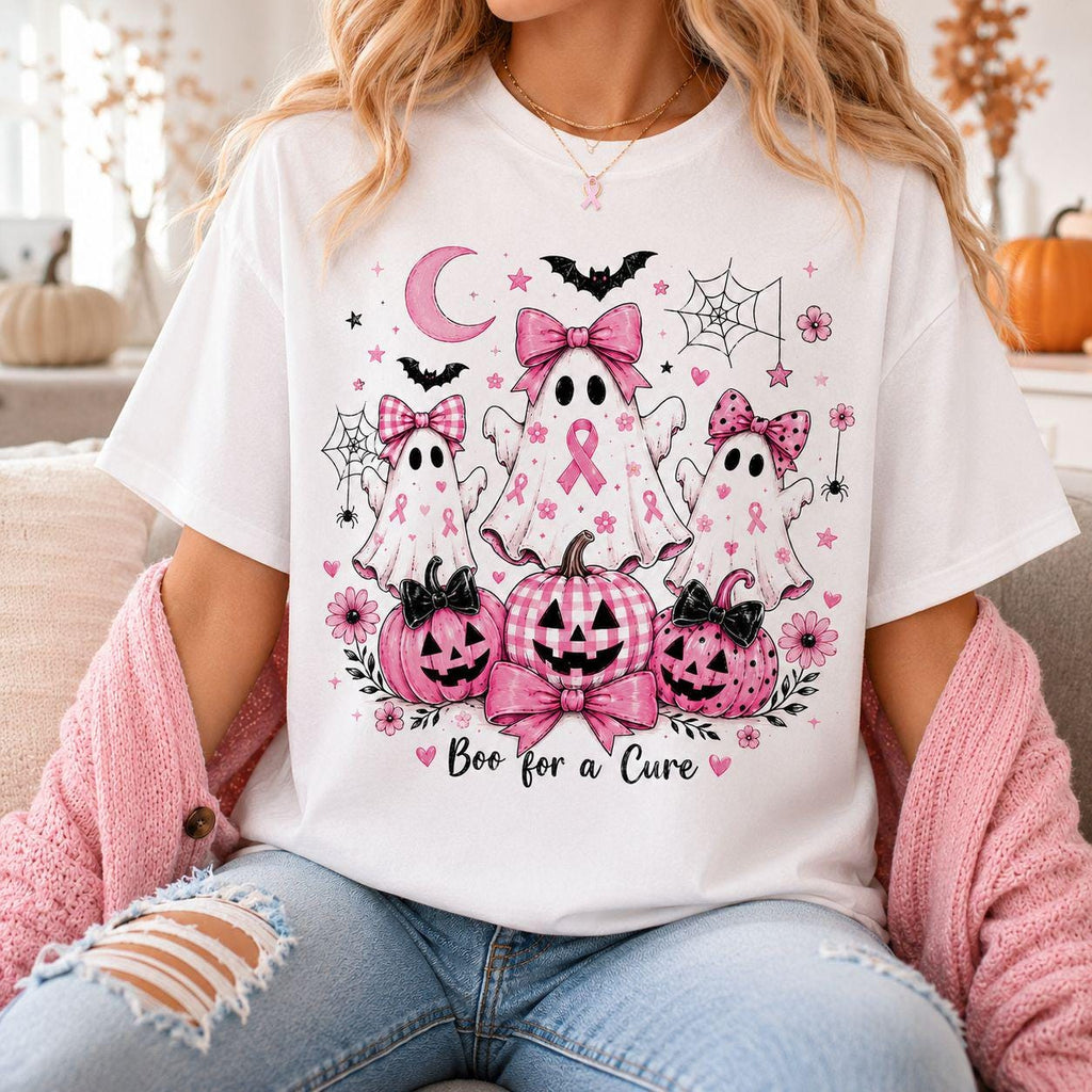 front view of breast cancer awareness halloween graphic tee for chemo survivor